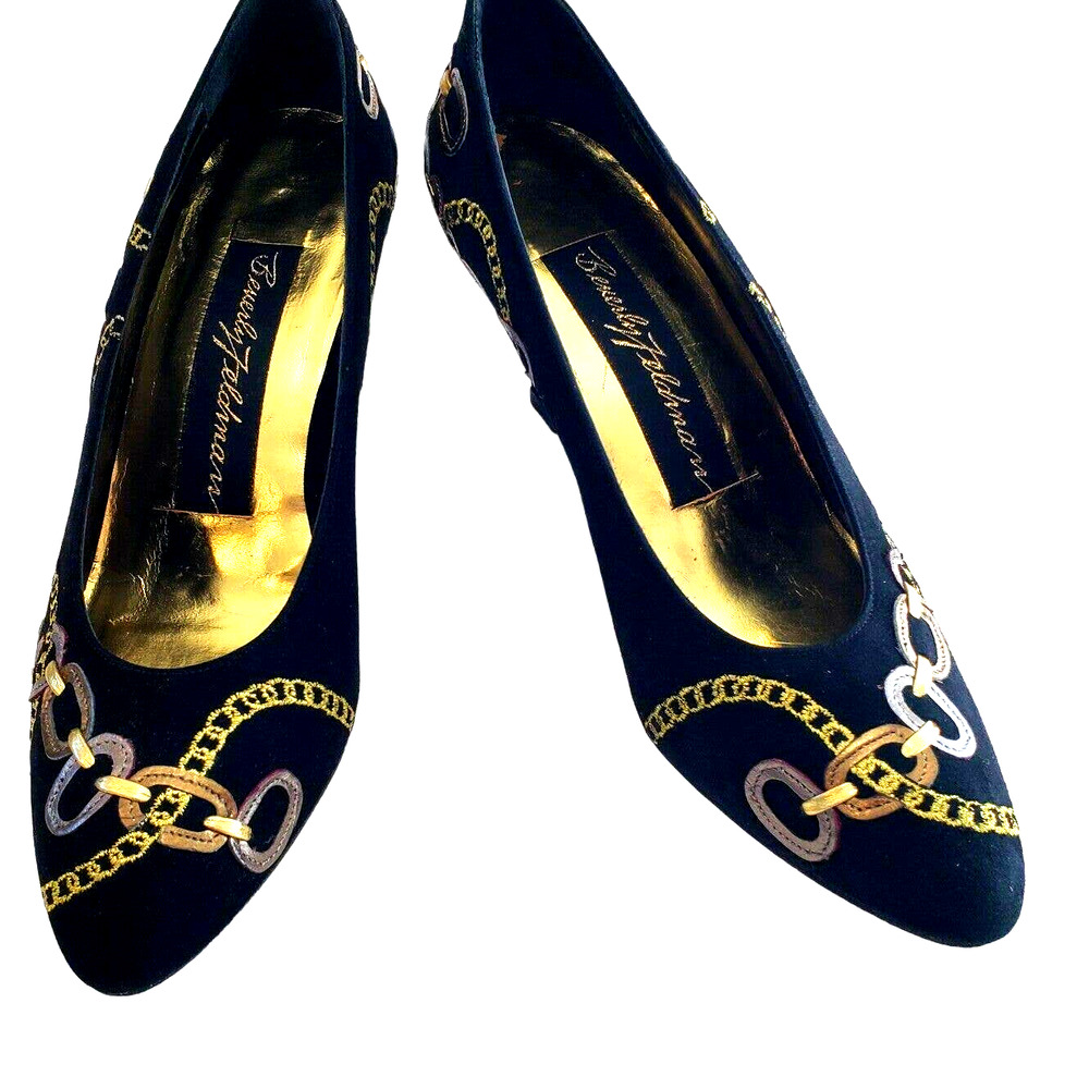 Beverly Feldman Womens Size 7.5 Black Suede Pumps Chain Embellishment Design